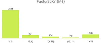 En esta imagen se puede ver una gráfica con la facturación de las empresas españolas vendidas. El mayor número fueron las que facturaban 5 millones y el menor entre 12 y 15 millones
