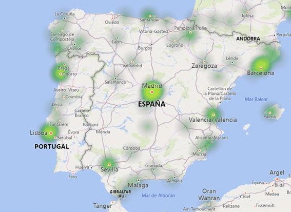 Este es un mapa se puede observar un mapa de la península ibérica, donde, mediante círculos verdes, se representa la densidad de empresas relacionadas con el sector en cada ciudad de España y Portugal. 