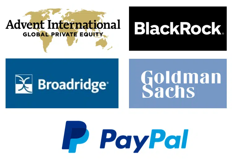 En esta imagen podemos ver los logos de los mayores inversores del mundo Fintech entre los que están Advent International, BlackRock, Broadridge, Goldman Sachs y PayPal 